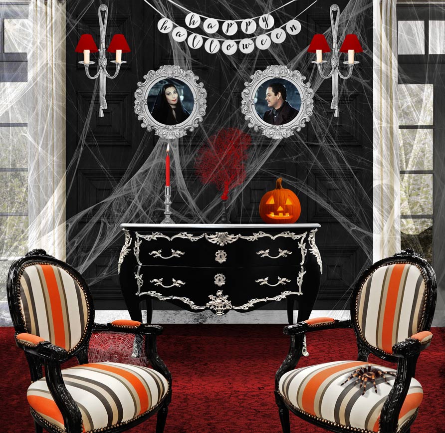 black dresser, wall lamp and Louis XVI armchairs Royal Art Palace for Halloween